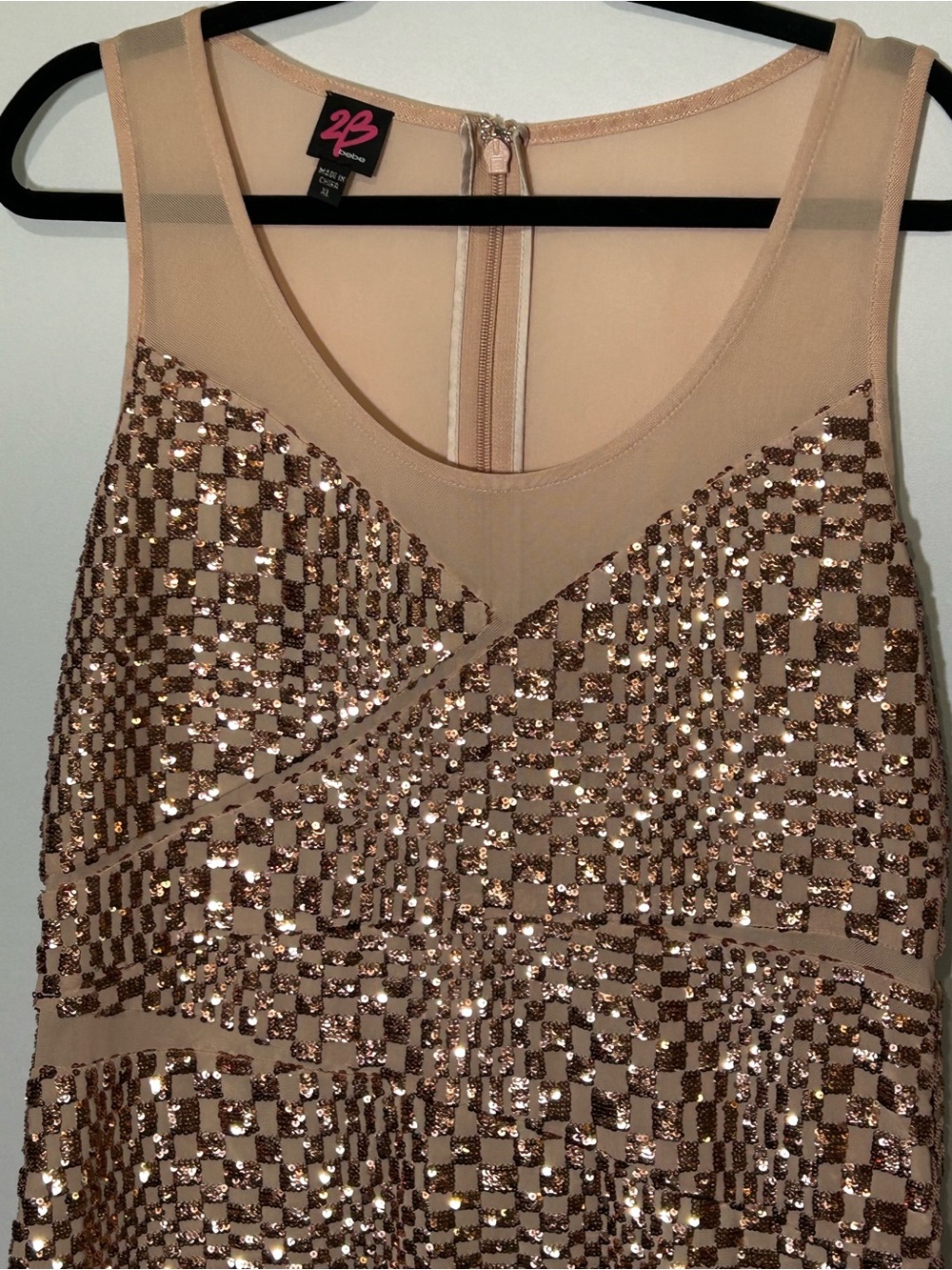 bebe Rose Gold Geo Sequin Mesh Bodycon Mini Dress XL - Picture 3 of 5